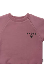 Lade das Bild in den Galerie-Viewer, 2tlg. Set mit Sweatshirt in rosenholz und Print "amore" sowie Streifen Leggings: 74/80
